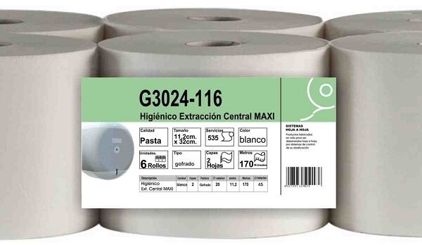 Papel higienico Jumbo extraccion central 2 capas-172 m.